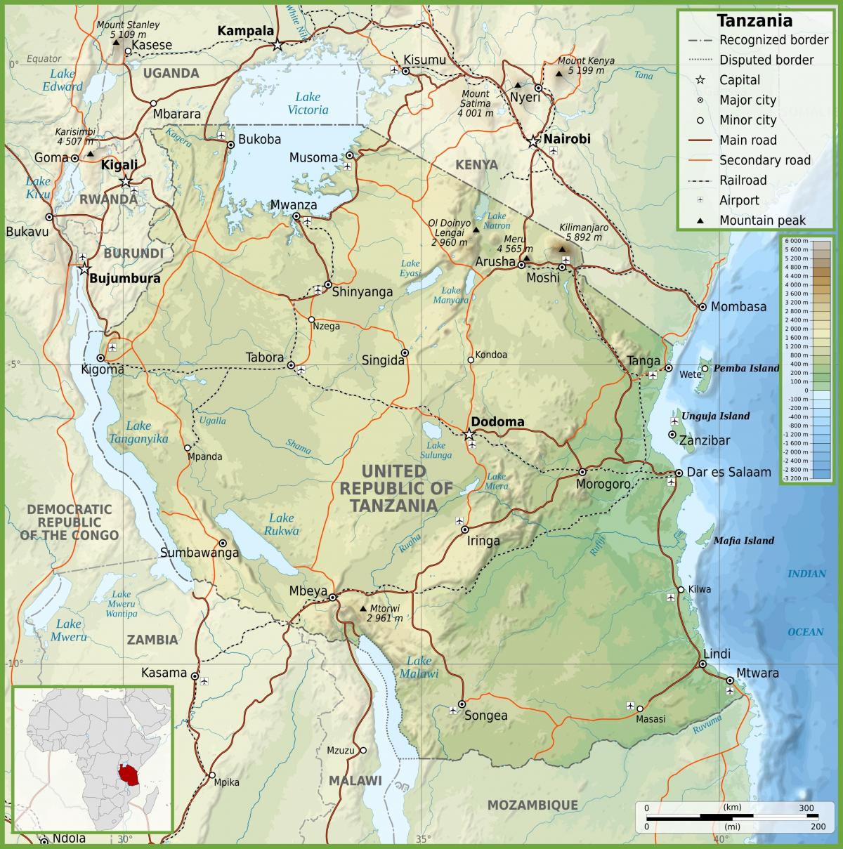 तंजानिया सड़क के नक्शे के साथ किलोमीटर की दूरी पर