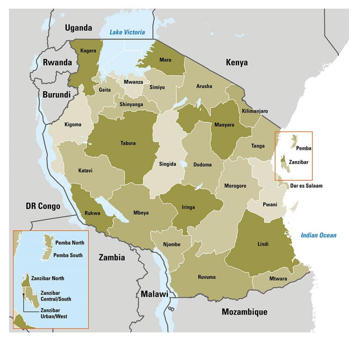 नक्शा तंजानिया के क्षेत्रों में दिखा रहा है
