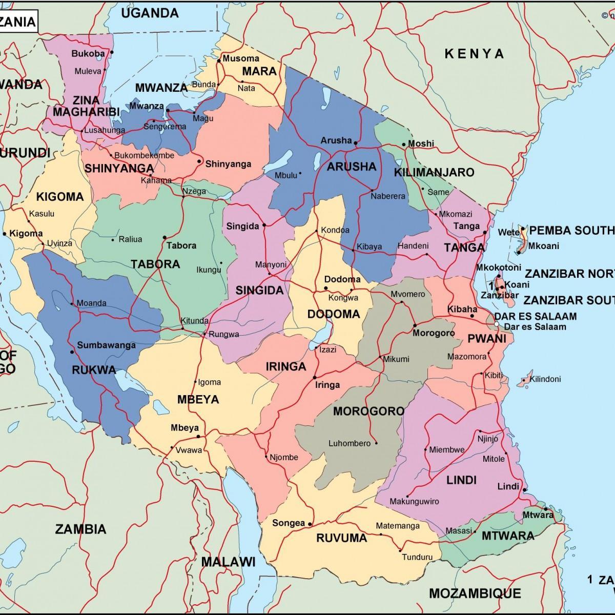 नक्शा तंजानिया के राजनीतिक