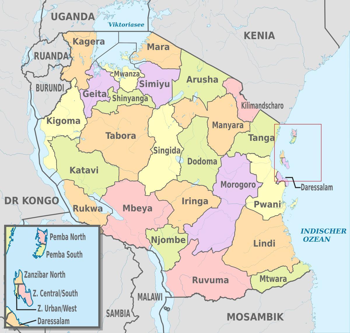 नक्शे के तंजानिया दिखा रहा है क्षेत्रों और जिलों