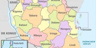 तंजानिया के नक्शे के साथ नए क्षेत्रों