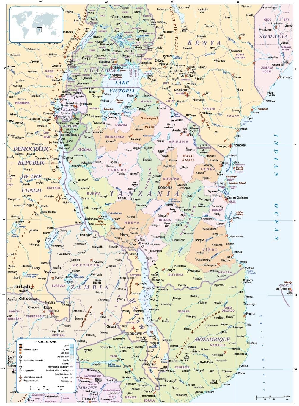 नक्शे के तंजानिया और आसपास के देशों