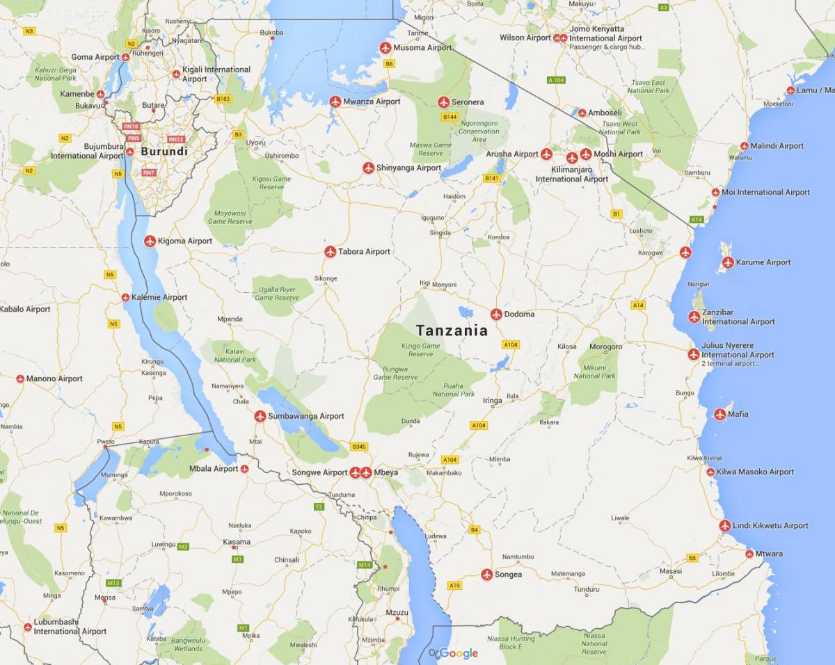 नक्शा तंजानिया के हवाई अड्डों 