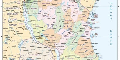 नक्शे के तंजानिया और आसपास के देशों